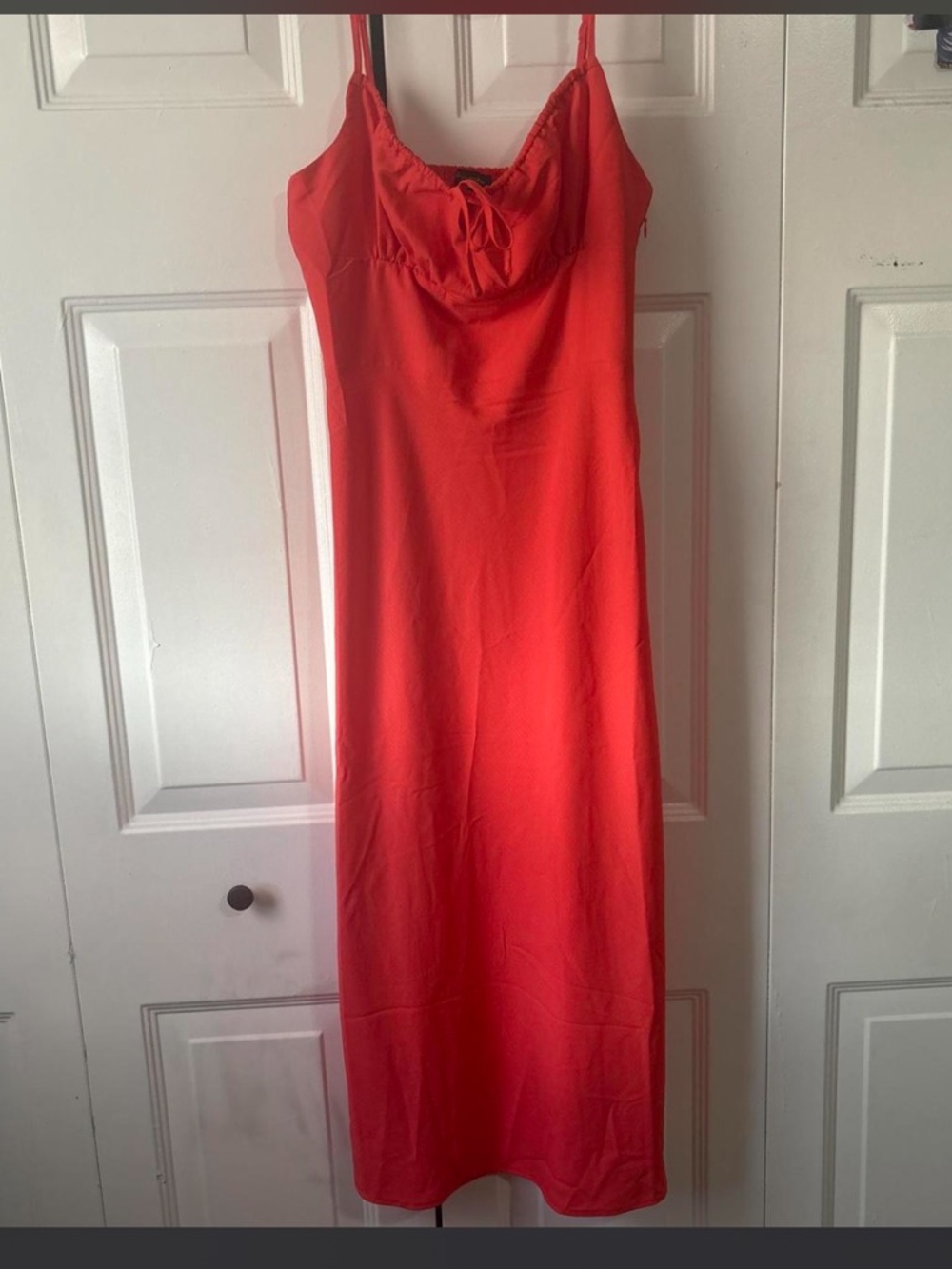 Sleek Coral Cowl-Neck Midi Slip Dress